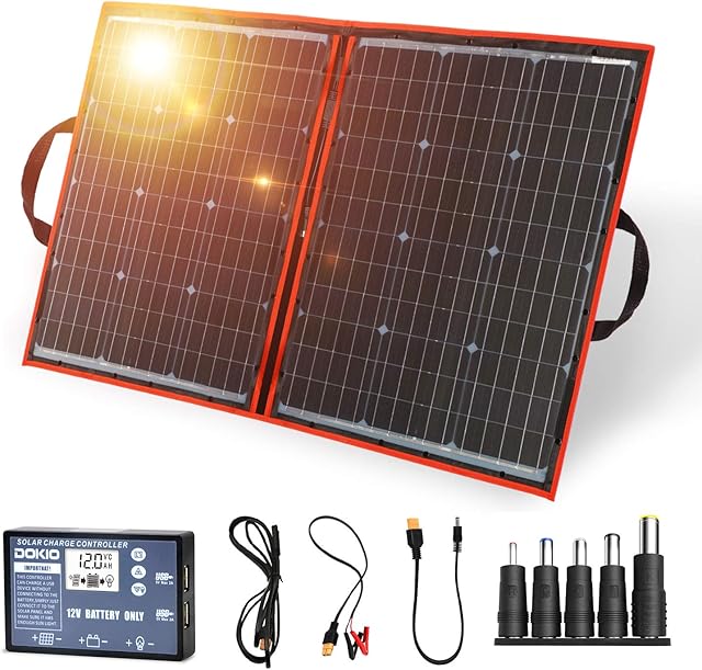 DOKIO 100W 12V Foldable Solar Panel Kit Monocrystalline with Solar Controller USB Output for Caravan RV Boat Camper Any Other Irregular Surface