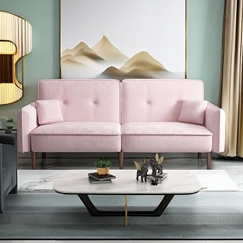 75 Modern Linen Fabric Futon Sofa Bed with Adjustable Backrests and 2 Throw Pillows, Convertible Sleeper Loveseat with Solid Wood Legs for Living Room Bedroom Dorm Apartment Studio Pink