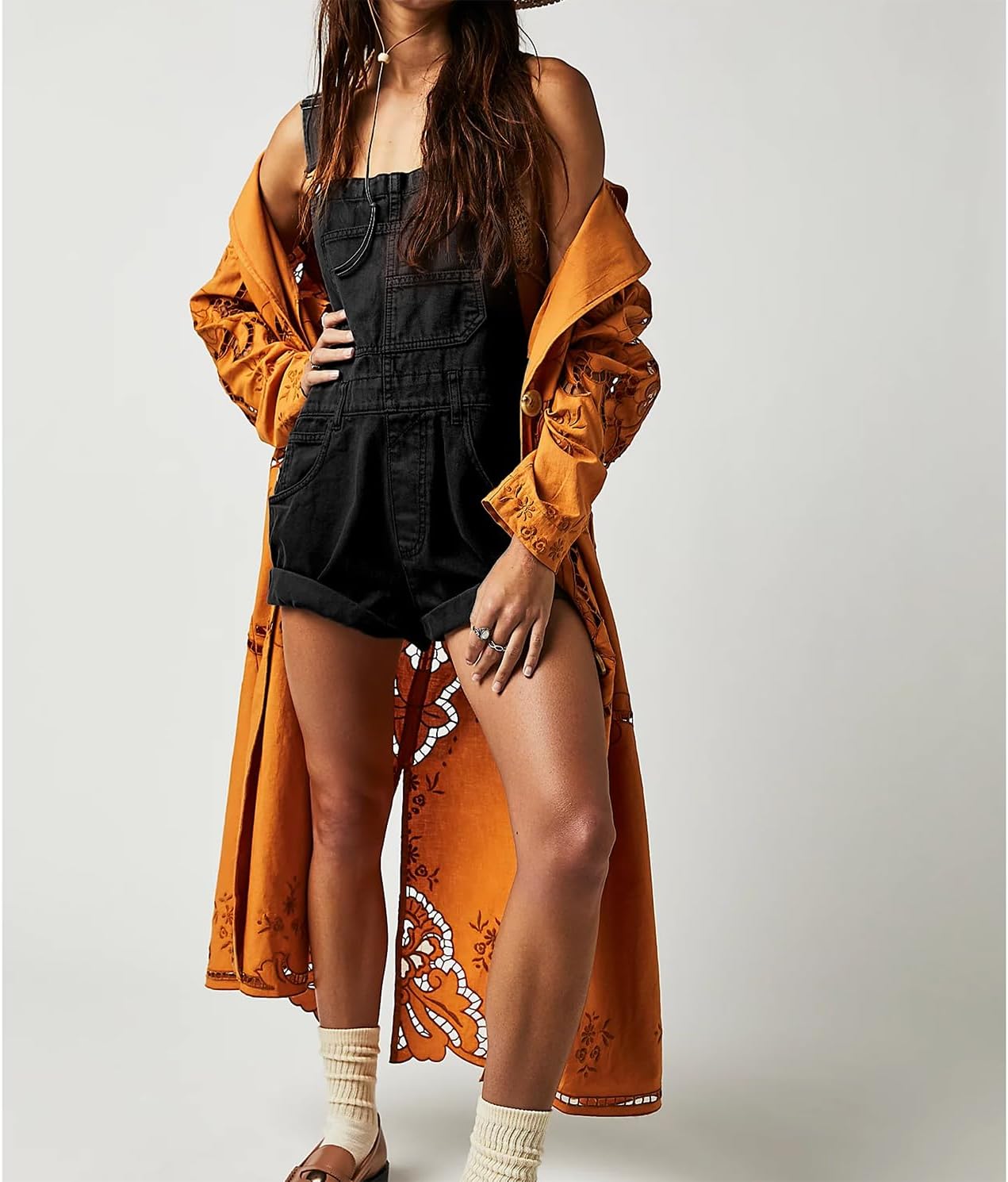 Women's Casual Denim Bib Overall Shorts Adjustable Straps Cuffed Hem Shortall Rompers - Image 4