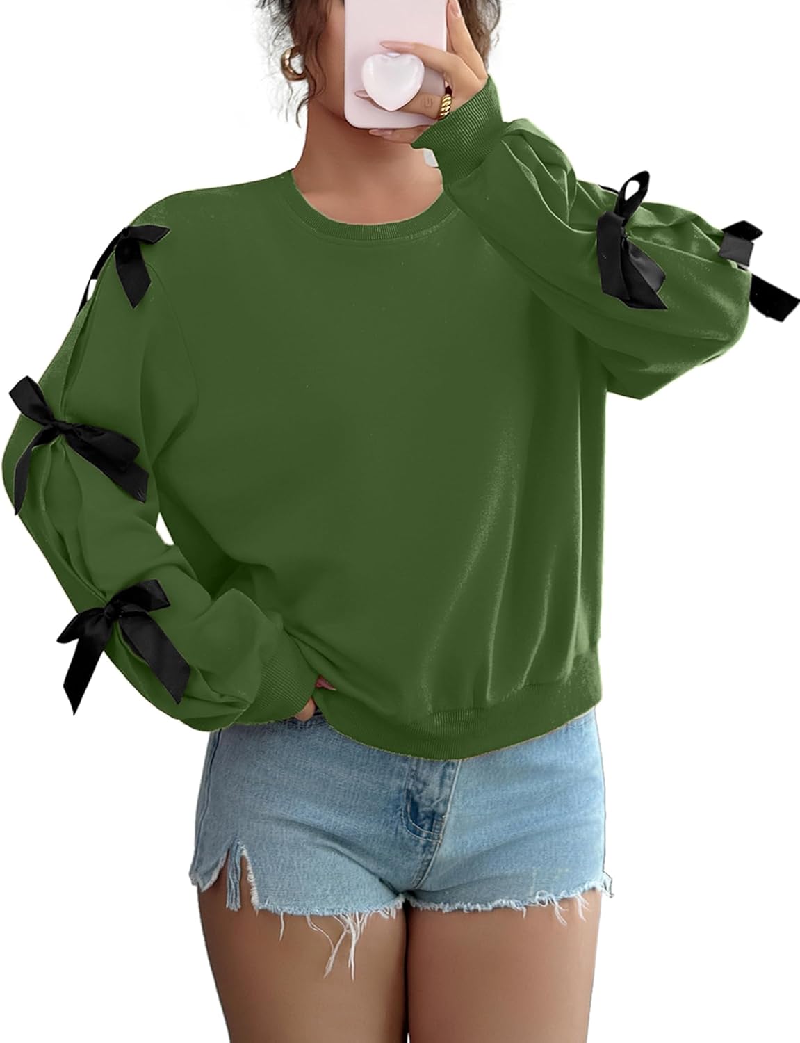 Womens Bow Lightweight Sweatshirt Oversized Crew Neck Comfy Long Sleeve Casual Loose Pullover Top Y2K Clothes