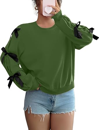 GAMISS Womens Bow Lightweight Sweatshirt Oversized Crew Neck Comfy Long Sleeve Casual Loose Pullover Top Y2K Clothes