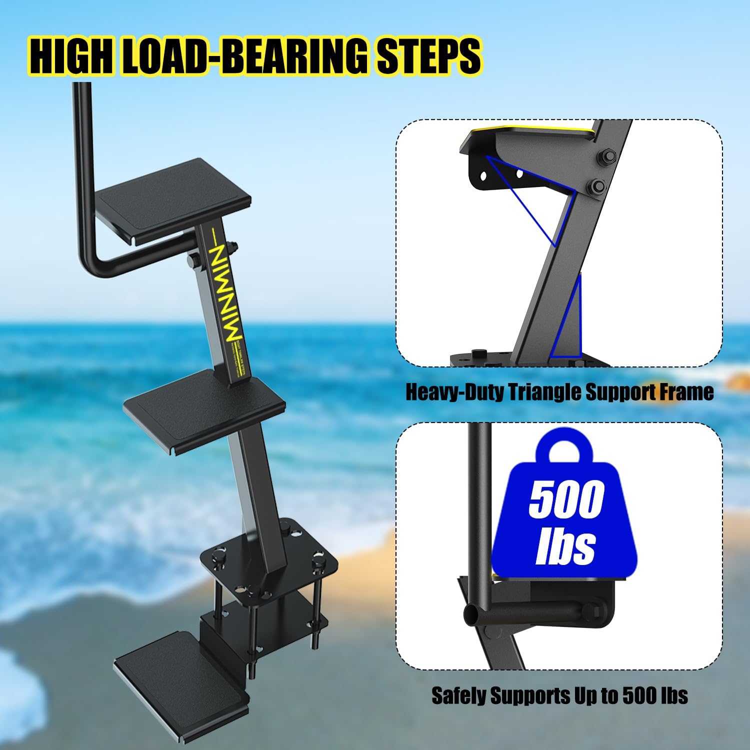 Boat Trailer Steps with Safety Handle, 500LB Capacity Heavy Duty Anti-Slip Step Ladder, 3 Adjustable Angles Universal Fit for Most Trailers, Easy Installation (3 Steps)