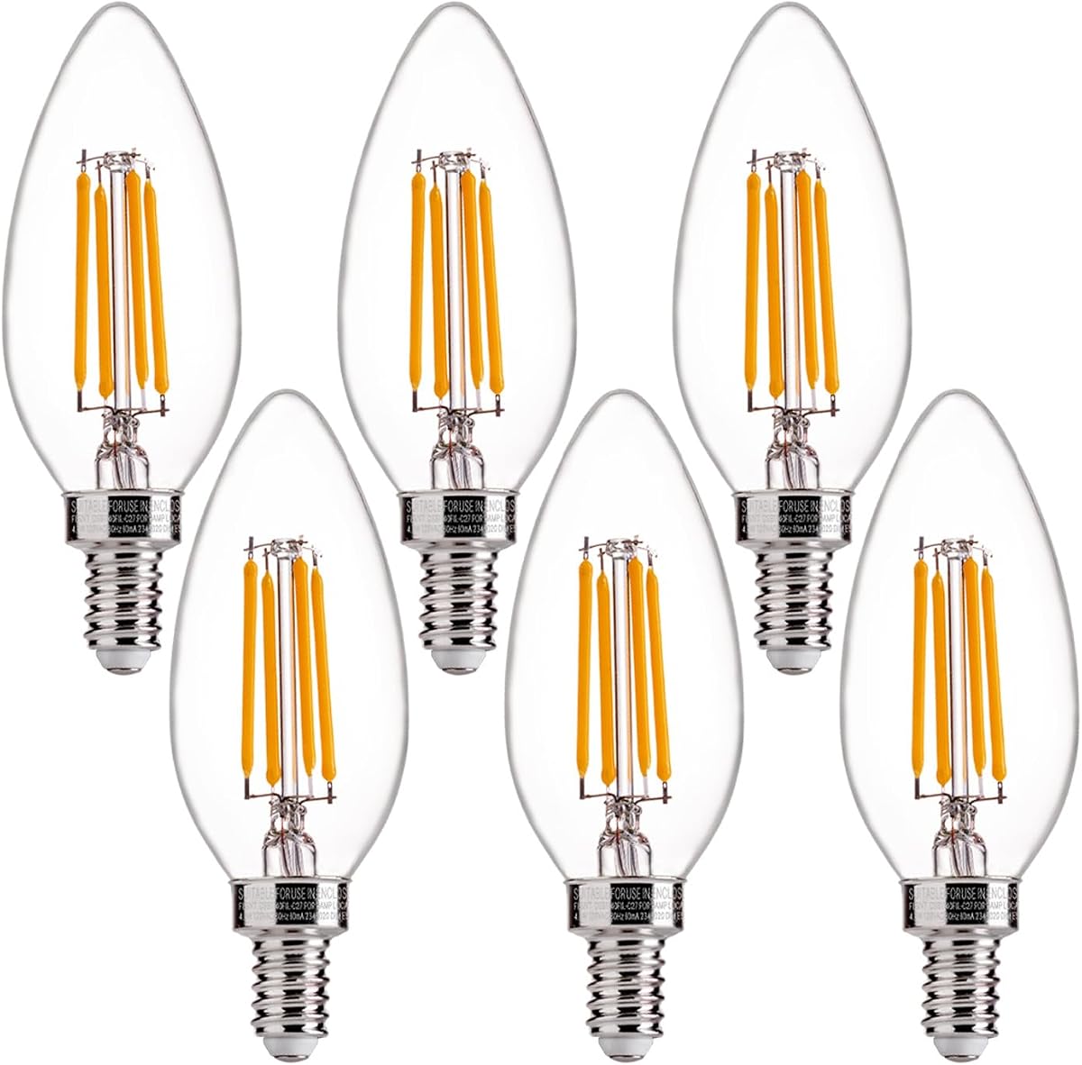 Bombillas LED equivalentes a 60 W para lámpara de araña, regulables, base E12, bombillas de candelabro de filamento LED transparente B11, blanco suave de 2700 K, paquete de 6