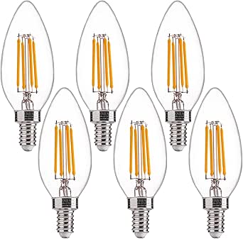 FLSNT 60W Equivalent LED Chandelier Light Bulbs, Dimmable, E12 Base, Clear B11 LED Filament Candelabra Bulbs, 2700K Soft White, 6 Pack