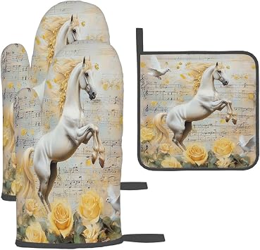Retro Dove Horse Rose Oven Mitts and Pot Holders Sets, Heat Resistant Kitchen Gloves with Pot Holder, Non-Slip Cooking Mittens for Baking Cooking BBQ Microwave