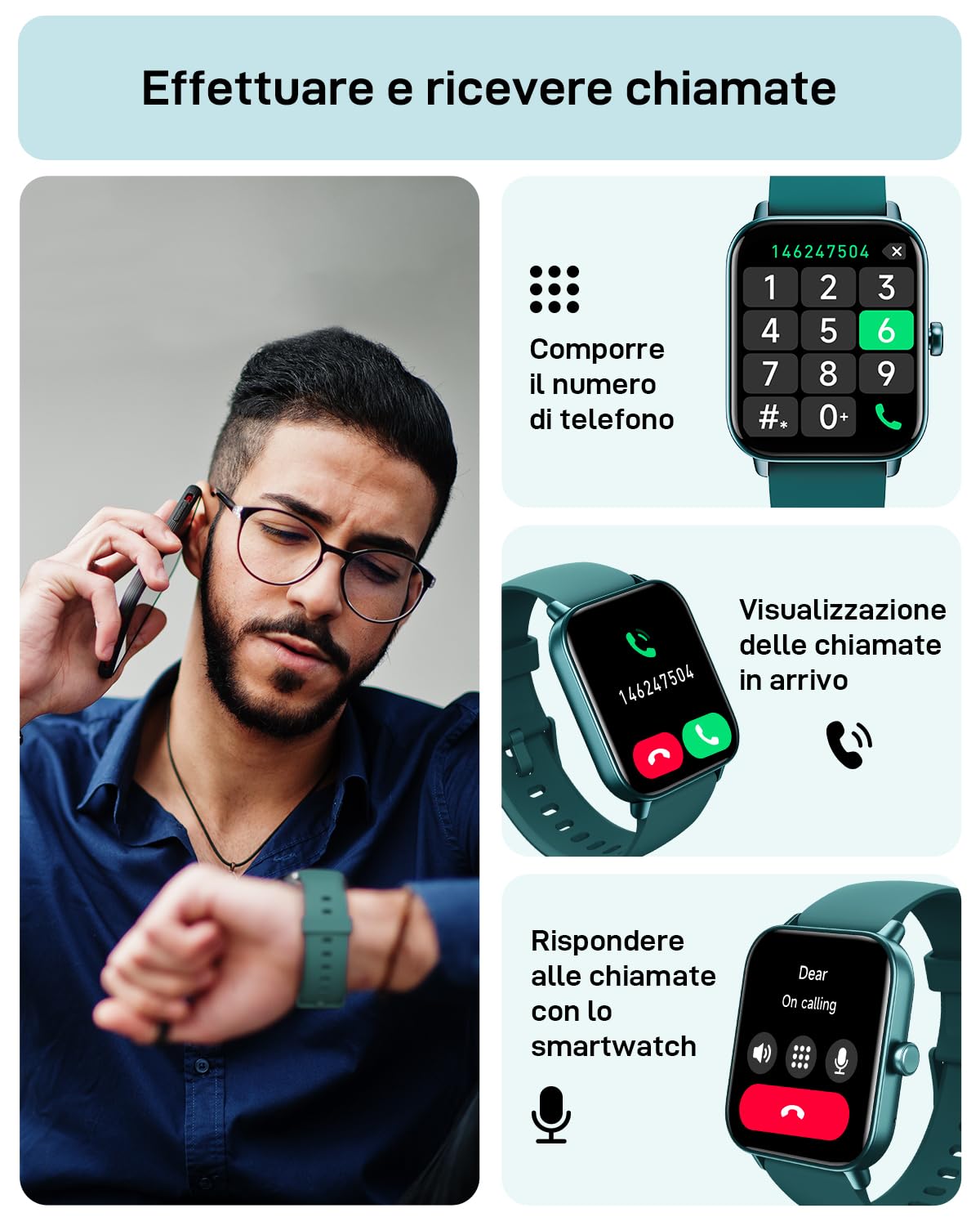 Smartwatch Donna Uomo, 1.8" Orologio Smartwatch Chiamate, Fitness Tracker con Contapassi Cardiofrequenzimetro SpO2,110 Modalità Sport, Monitoraggio Sonno, Impermeabile IP68 per iOS Android Verde Scuro