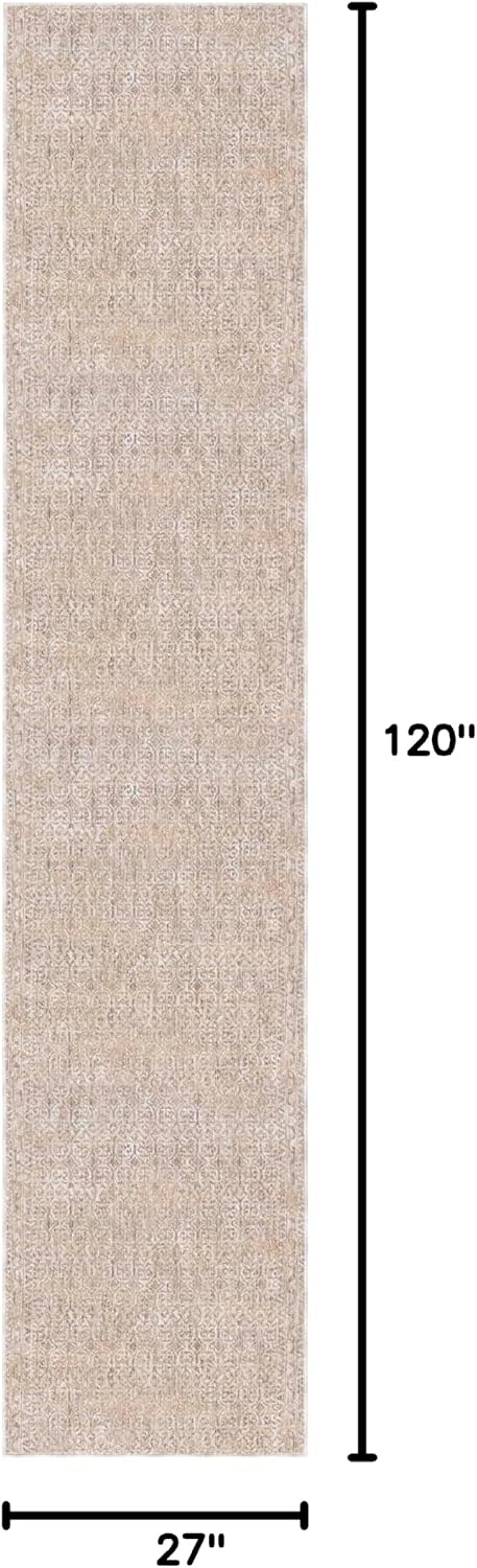 Well Woven Ethos Echo Beige Custom Size Hallway & Stair Runner - 26" x 10' - 0.25" Low Pile Long Runner for Easy Door Clearance - Dense, Stain-Resistant Tekke Inspired Rug for High Traffic Entryways