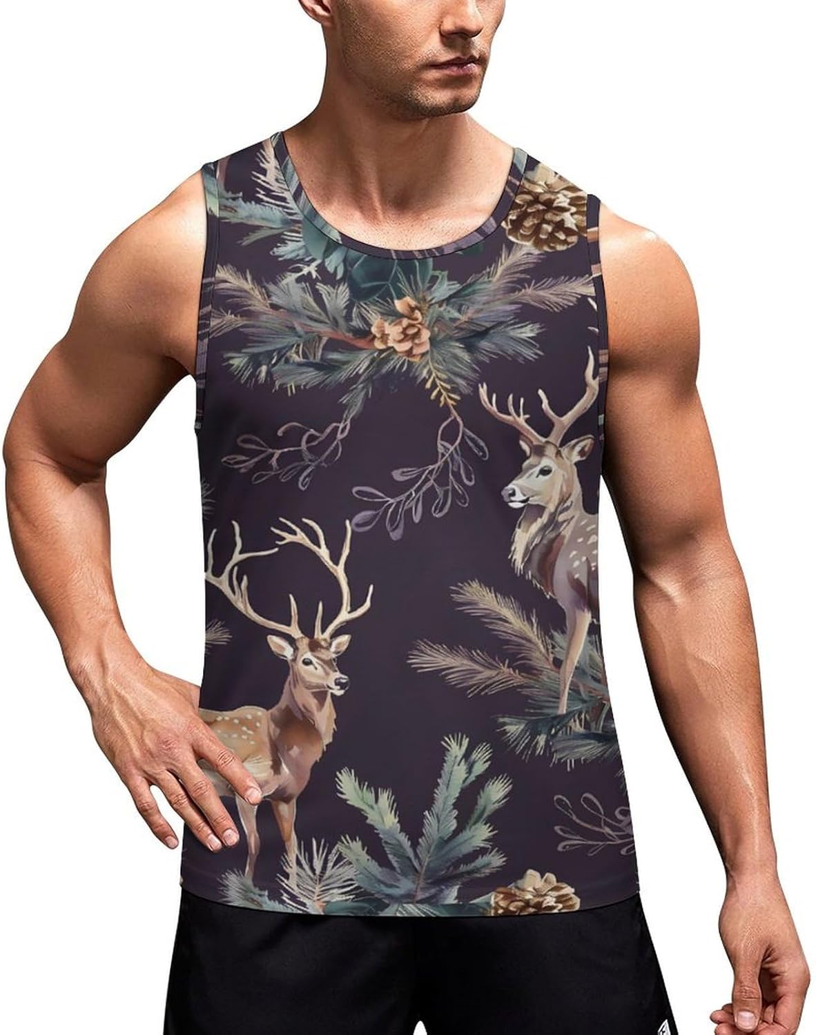 Deer Antlers Pine Tree Hunting Men's Tank Top Sleeveless Muscle Shirts Vest Beach T Shirts for Workout Gym