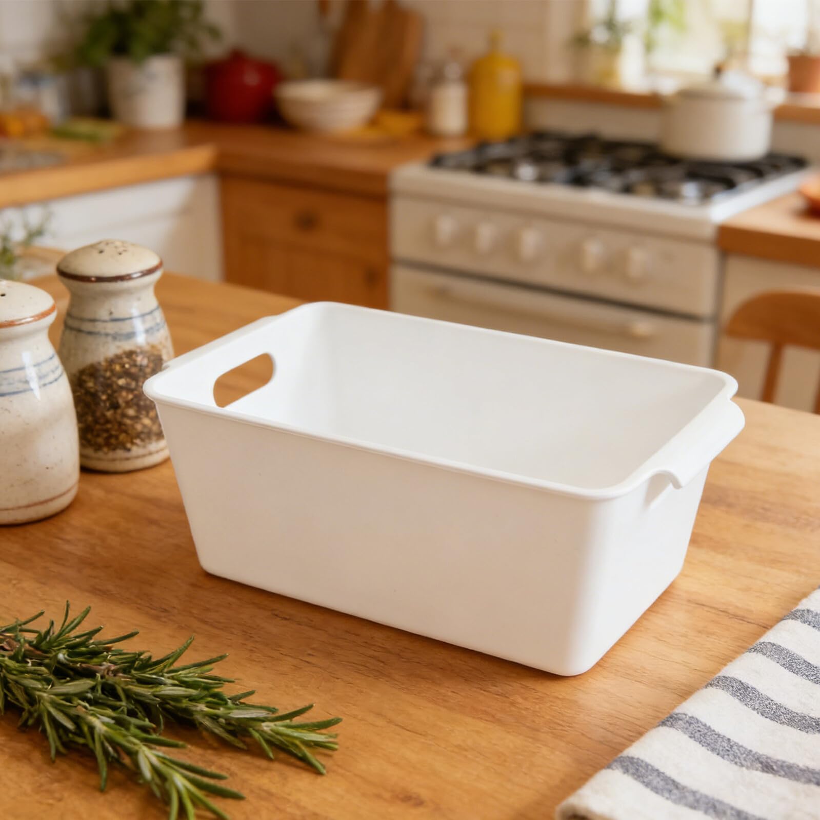 6 Pezzi Organizer Plastica per Cucina e Ufficio, Contenitore Impilabile Bianco con Manico, Design Compatto e Struttura Stabile per Spazio Ordinato