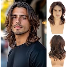 Mens Layered Wavy Brown Wig Medium Long Synthetic Heat Resistant Cosplay Hair Wig