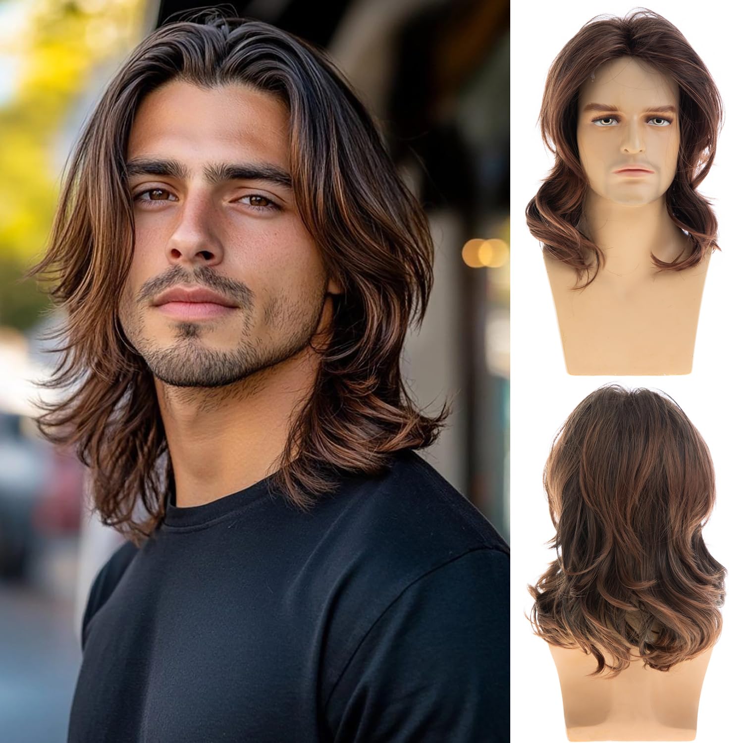 Mens Layered Wavy Brown Wig Medium Long Synthetic Heat Resistant Cosplay Hair Wig