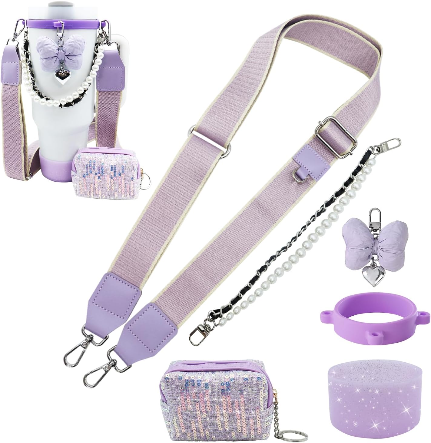 Removable Water Bottle Shoulder Strap Set for Stanley Cup 40/30/20 OZ，Including Pearl Water Handle Strap、Cup Holder Shoulder Strap、Bow Keychain、Cup Ring、Silicone Boots