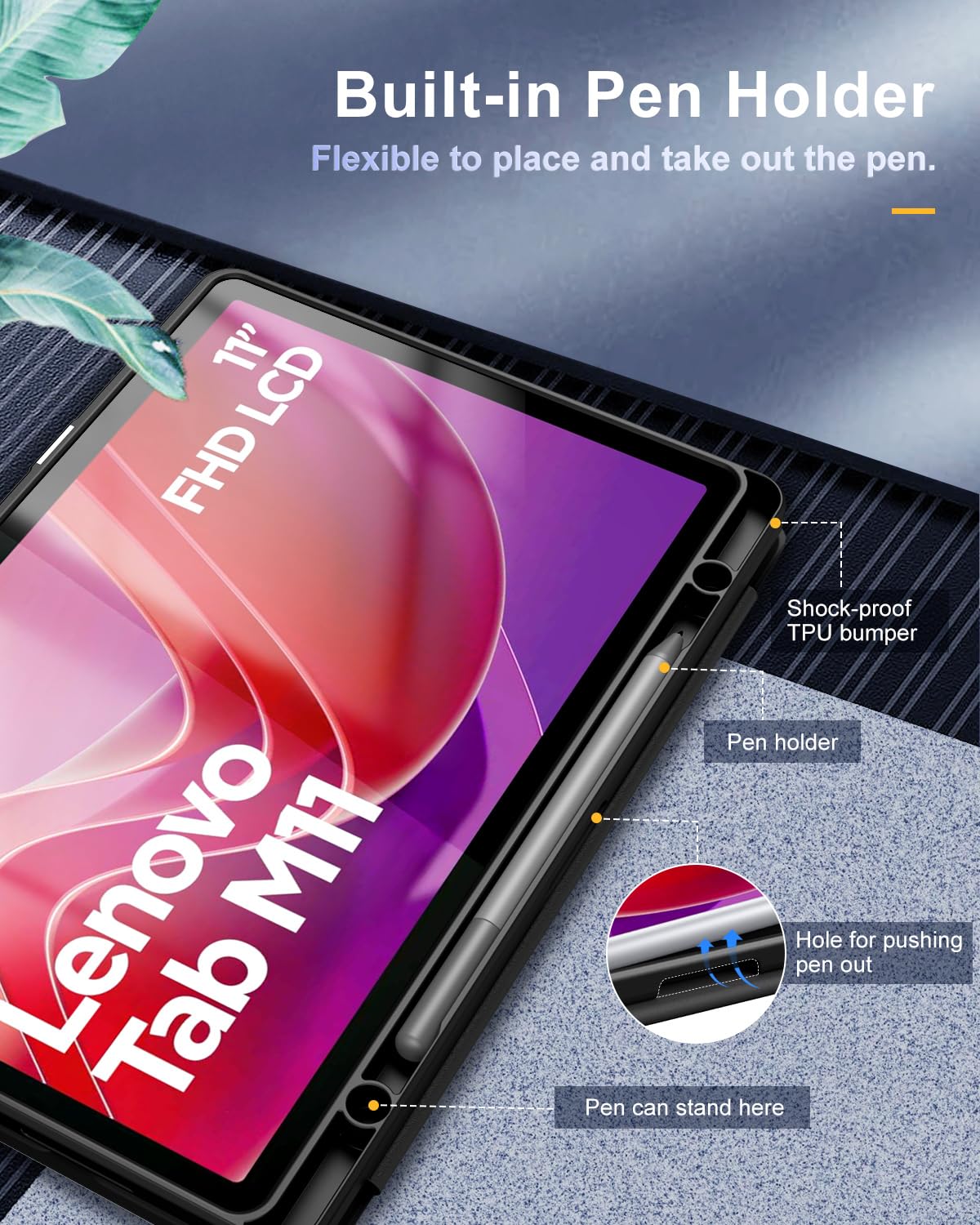TiMOVO Cover per Lenovo Tab M11 2024 11 Pollici TB330 con Portapenna, Cover Protettiva con Supporto a Tre Ante, Trasparente sul Retro, Supporta Auto Sveglia/Sonno per Lenovo Tab M11, Nero