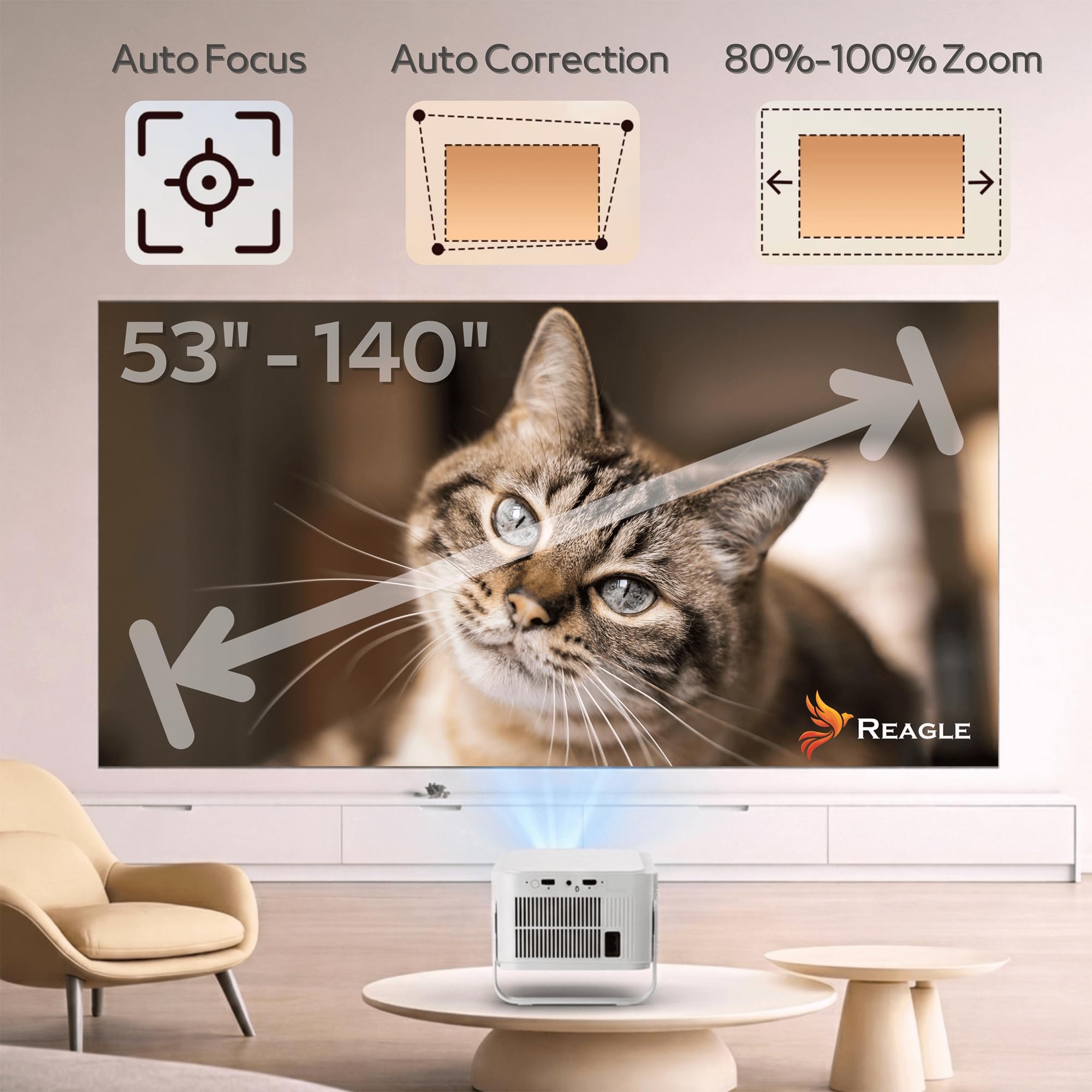 Reagle Proiettore LED 900 ANSI Full HD 1080p 8K Supporto 140", Android 14 Smart TV WiFi 6 Bluetooth Autofocus Keystone Automatico HDR10 Portatile Home Cinema