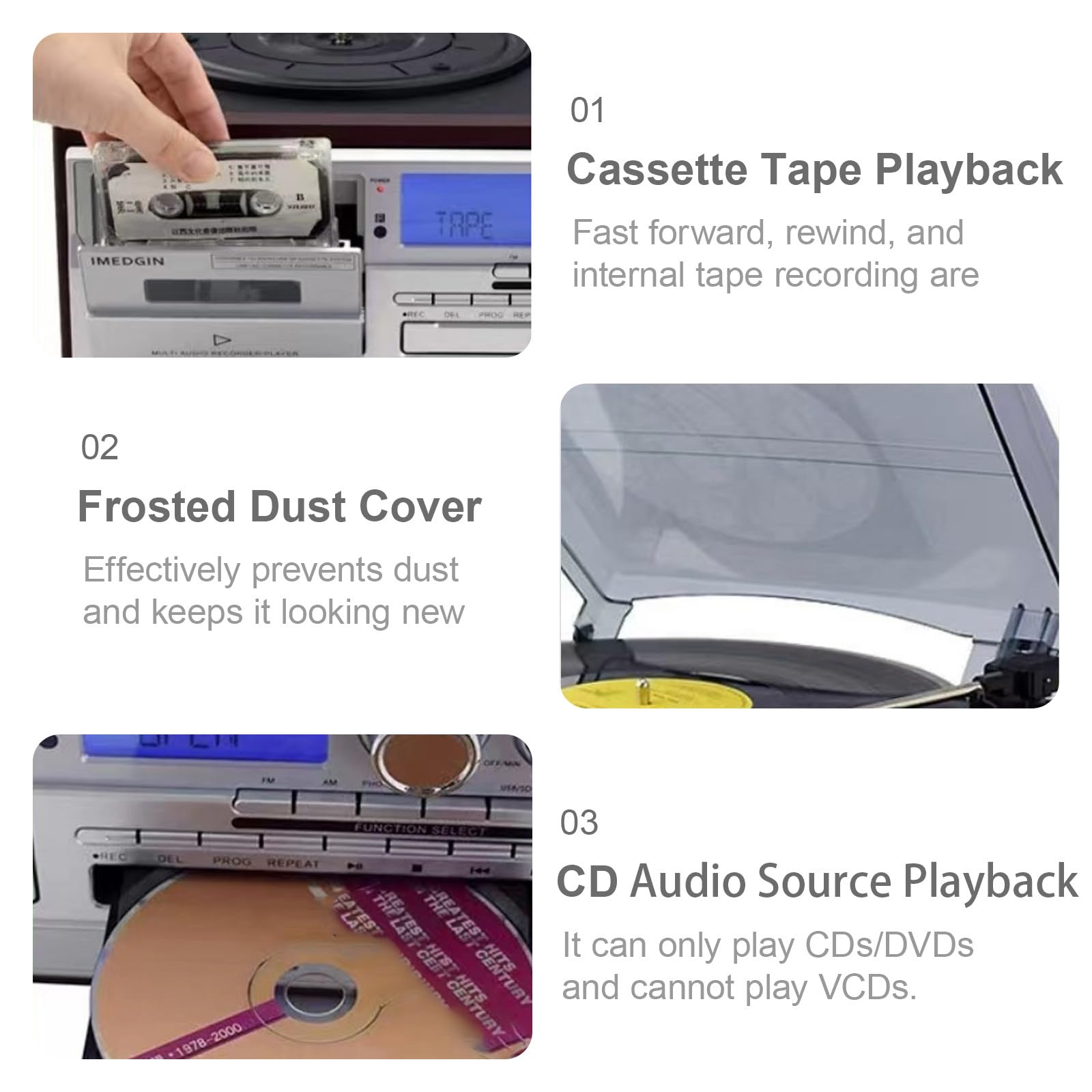 Tocadiscos 9 en 1 con radio AM/FM, USB, SD/MMC, CD, casete, tocadiscos de 3 velocidades para reproducción de vinilo, CD y casete