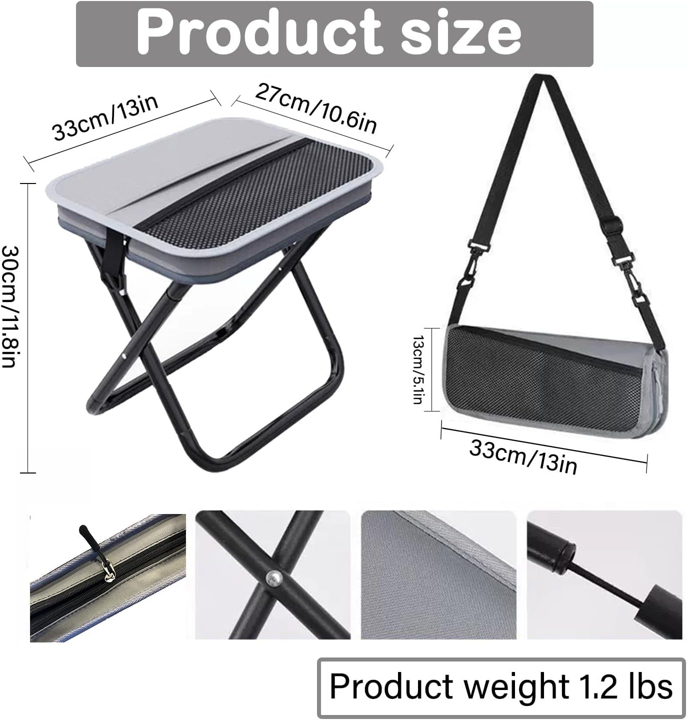 Portable Collapsible Stool, Large Camping Chair Supports 260 lbs, Adjustable Shoulder Strap Folding Stool, Ultralight Collapsible Stools with 2pcs storage bags for Hiking, Fishing, Outdoor (Gray)