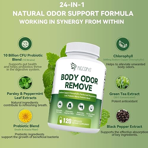 Miniatura 2 de Suplemento desodorizante corporal de clorofila con 10 mil millones de UFC probióticos, vitamina C y E, perejil, menta, té verde, prebióticos,