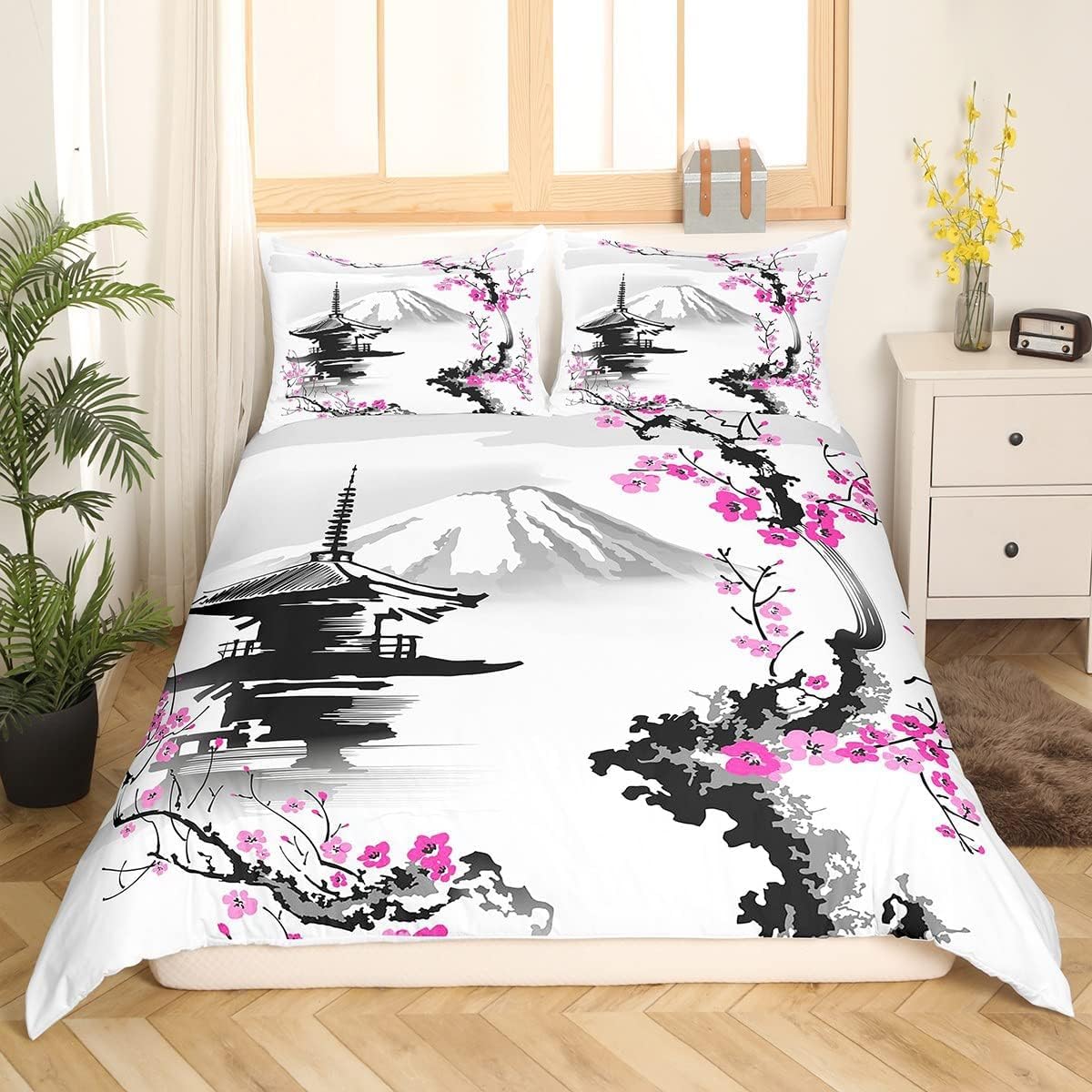 Homemissing Monte Fuji de Japón Funda nórdica 220x240cm Rosa Sakura Juego de cama Estilo Japonés Conjunto de ropa de cama Pintura de montaña con tinta Decoración de cama exótica Sakura Acuarela