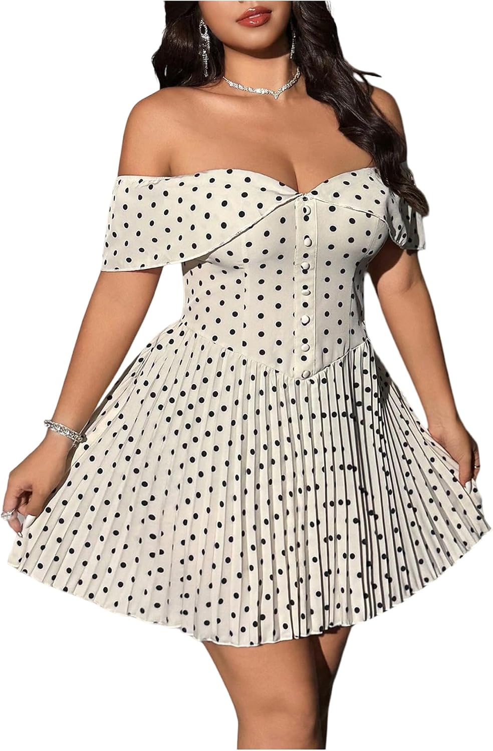 Floerns Women's Plus Size Polka Dots Off The Shoulder Dress Button Pleated A Line Party Dresses