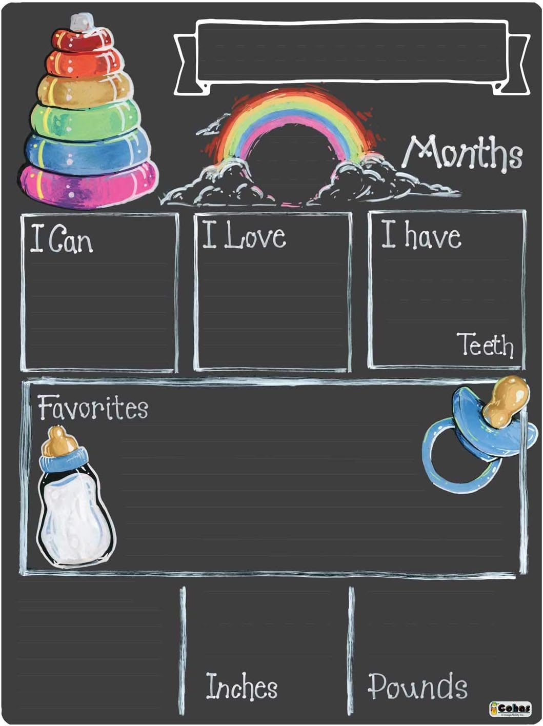 Cohas Monthly Milestone Board for Baby with Basic Designs, Reusable Chalkboard Style Surface, and No Liquid Chalk Marker, 9 by 12 Inches, No Marker