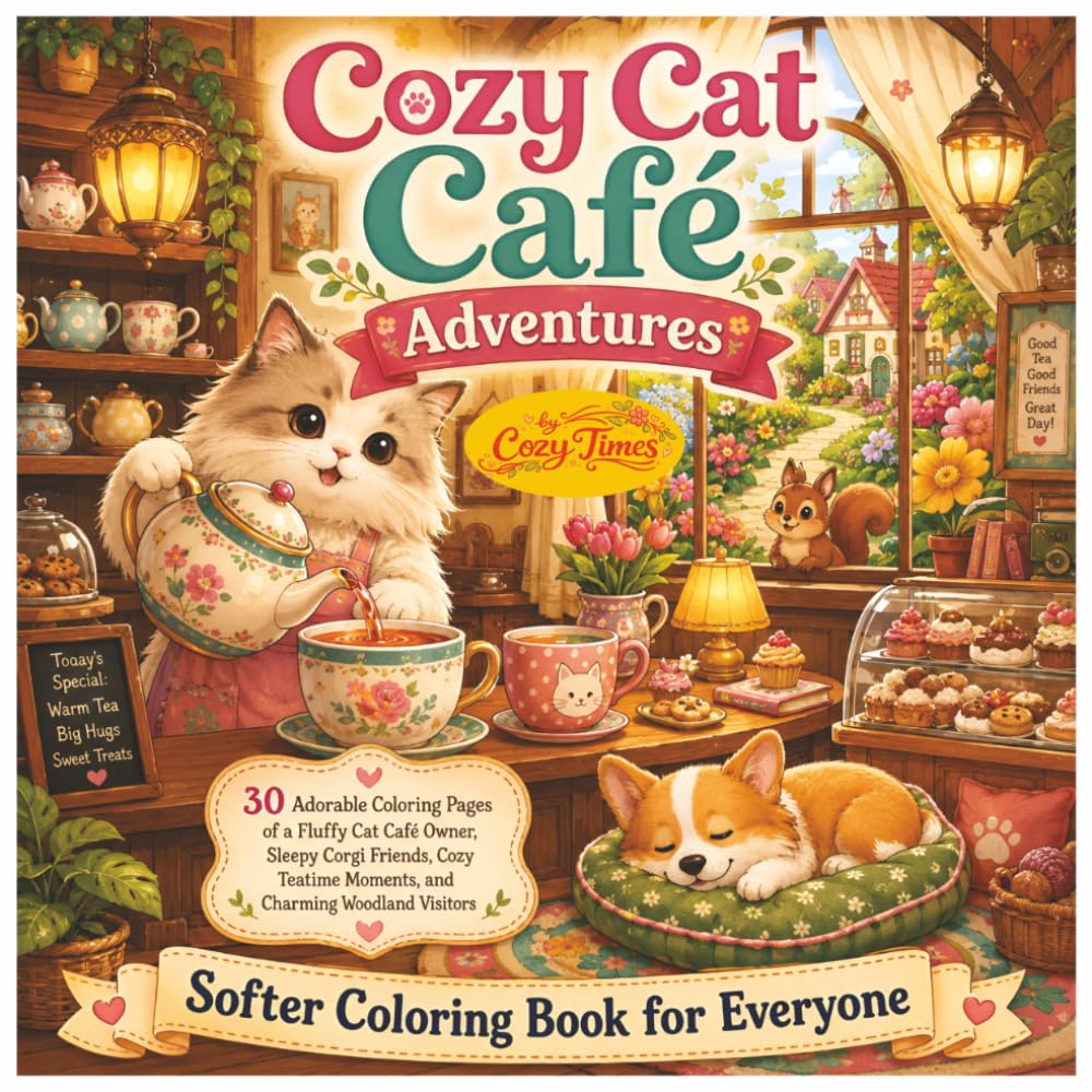 Cozy Cat Café Adventures: 30 Adorable Coloring Pages of a Fluffy Cat Café Owner, Sleepy Corgi Friends, Cozy Teatime Moments, and Charming Woodland ... All Ages (Cozy Cats and Friends for All Ages)