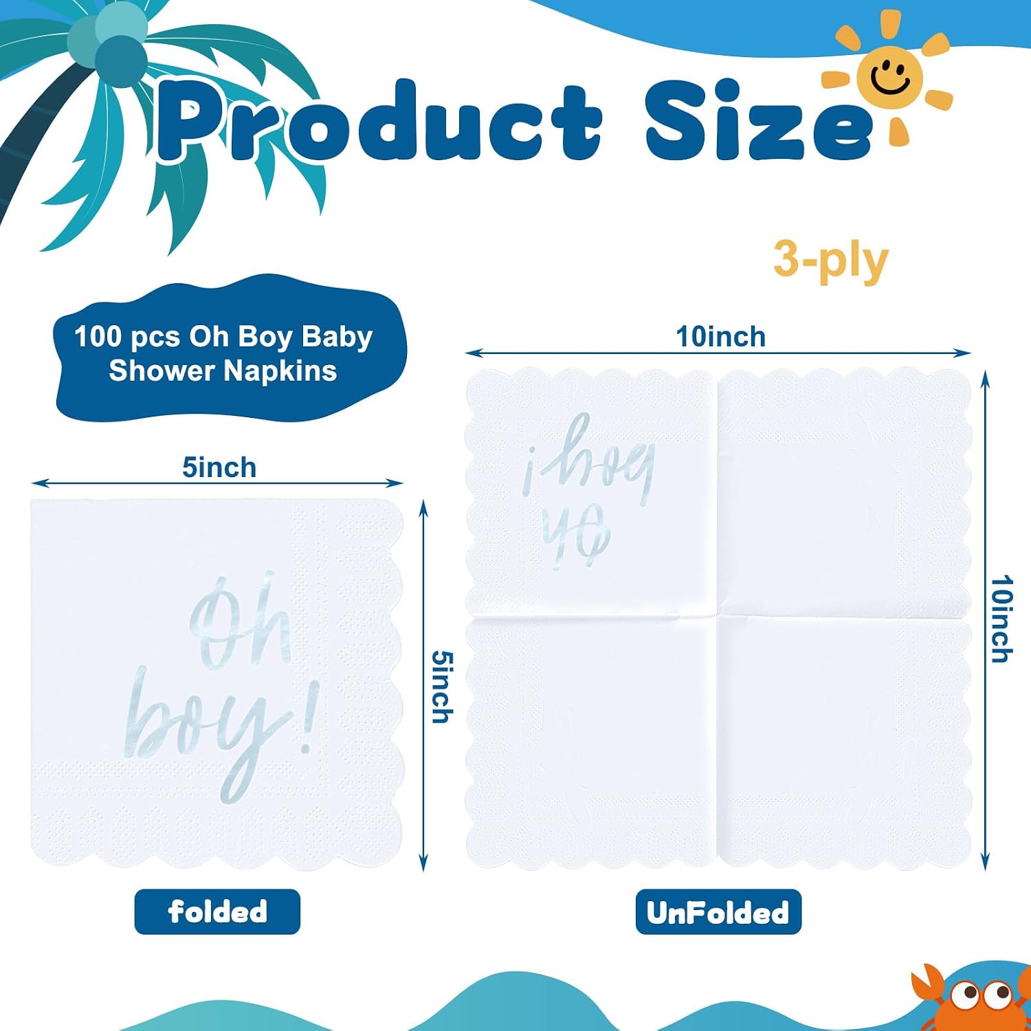 Fuyoooo 100 Pcs Baby Shower Napkins Paper Luncheon Beverage Napkins for Baby Shower Foil Guest Serviette 5 x 5 Inch for Boy Girl Welcome Party Dinner Cocktail Decorations (Blue Scalloped)