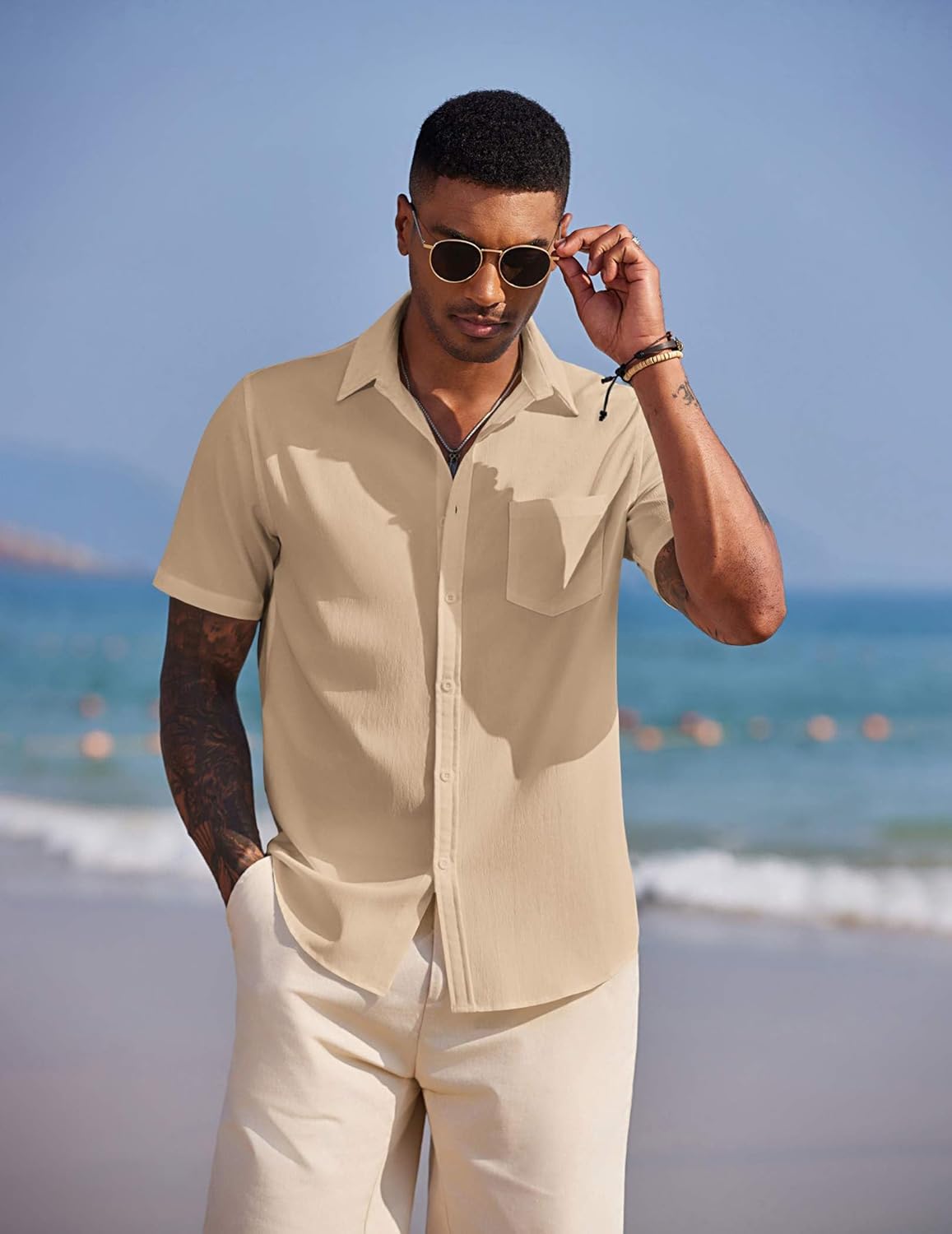COOFANDY Men's Casual Button Down Short Sleeve Shirts Summer Beach Shirt Resort Wear Wrinkle Free No Tuck Shirts Almond - Image 3