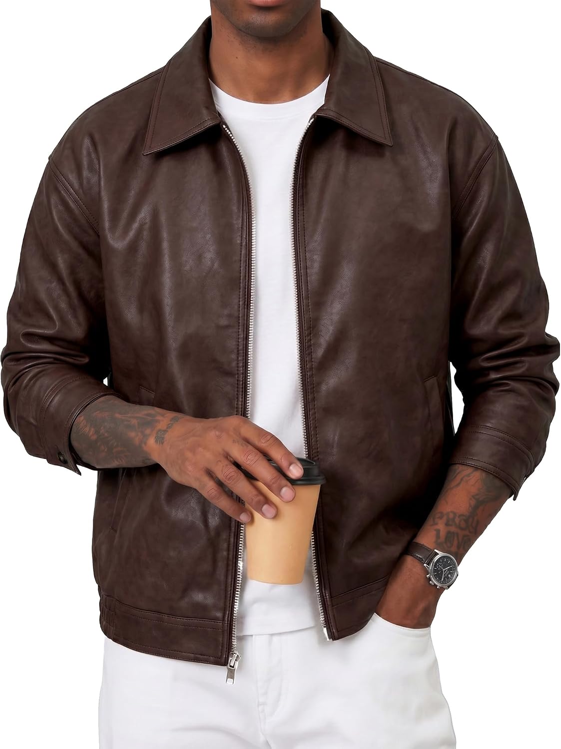 JMIERR Mens Faux Leather Jacket Motorcycle Zip Up Casual Coat Relaxed Fit | Faux Leather, Metal Zipper, Drop Shoulder, Side Pockets, Button Cuffs