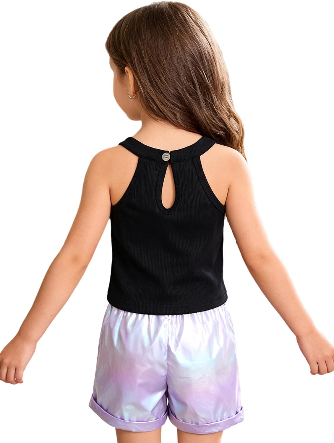 Shinsto Girls Outfit Sets Crop Top Metallic Shorts Combo Stylish Summer Set for Sports Casual Daily Wear