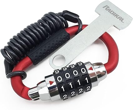 RADIKAL RK540R Motorcycle Helmet Lock, Combination Code Lock, T Buckle Adapter, Security Cable, Carabiner Anti-Theft Padlock Multifunction Universal Scooter, Electric Bicycle, Ebike, Luggage, Backpack