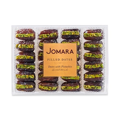 Jomara Dátiles orgánicos con pistacho 14 oz (400 g)  Fruta seca saludable  Fibra y antioxidantes Fuente natural  Vegano, sin gluten, Paleo  (paquete