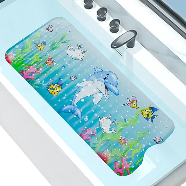 Bath Mat Non Slip Kids, Kikuo Large Cartoon Kids Bath Mat for Tub 100x40cm, Colorful Safety Non Slip Bath shower Mats for Inside Bath Kids - Easy Clean & Mould Resistant (Sea Animal Pattern)