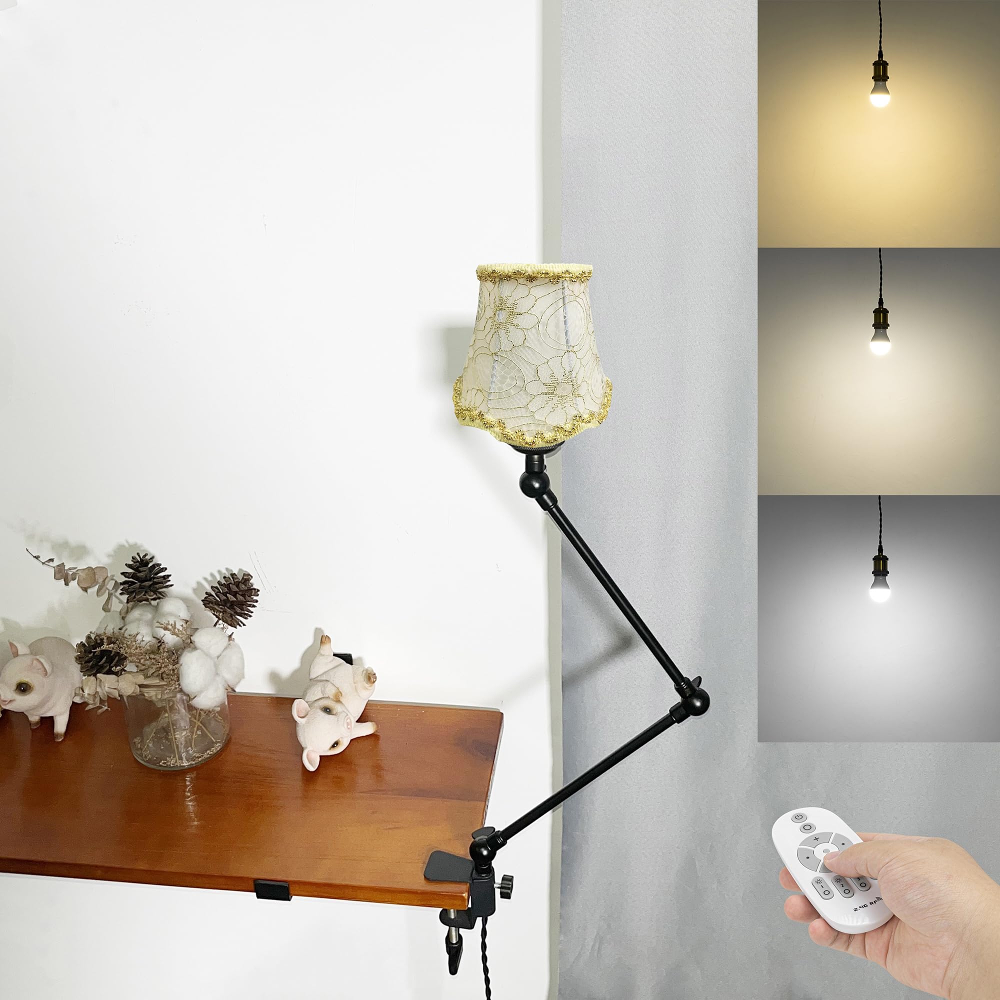 Klemmleuchte mit Fernsteuerung,1 Packung Leselampe mit 2,5 m Kabel, Dimmbar Nachttischlampe,Augenpflege Schreibtischlampe für Büro Heimgebrauch, E27 Lampenhalterung - DZ0330/5