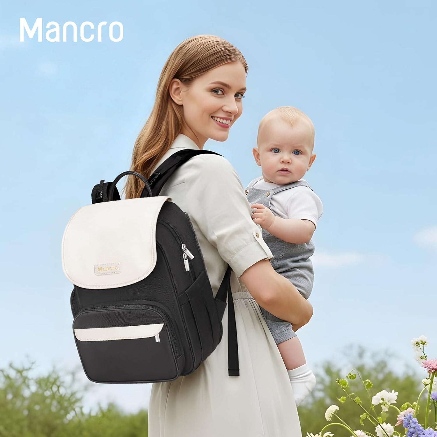 Mancro Small Diaper Bag Backpack with Changing Pad, Stylish Diaper Bag with Insulated Bottle Pocket, Water Resistant Baby Bags for Mom for Travel with Stroller Straps, Black-White