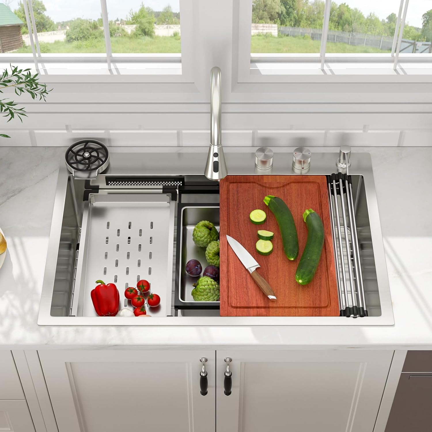 33x22 Inch Waterfall Kitchen Sink Drop In Multifunctional Workstation With Faucet Combo, Topmount 16 Gauge Stainless Steel Single Bowl, Modern Smart Design #LOF-L-DOE00004