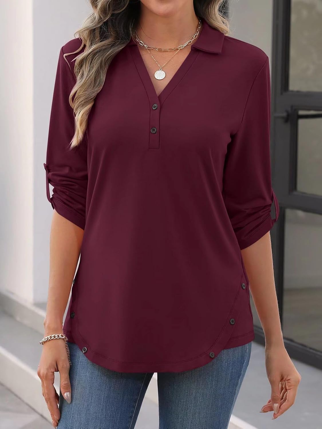 Women's 3/4 Length Rolled Sleeve Tunic Tops Collared V Neck T Shirts Both Side Buttons Blouses - Image 2