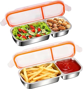 MINGRI Stainless Steel Snack Containers,2 Compartments Metal Snack Pack Box with Lids, Kids Divided Food Storage Containers Sauce Cups for Football,Game Night,School,Leak-Proof2 Pack
