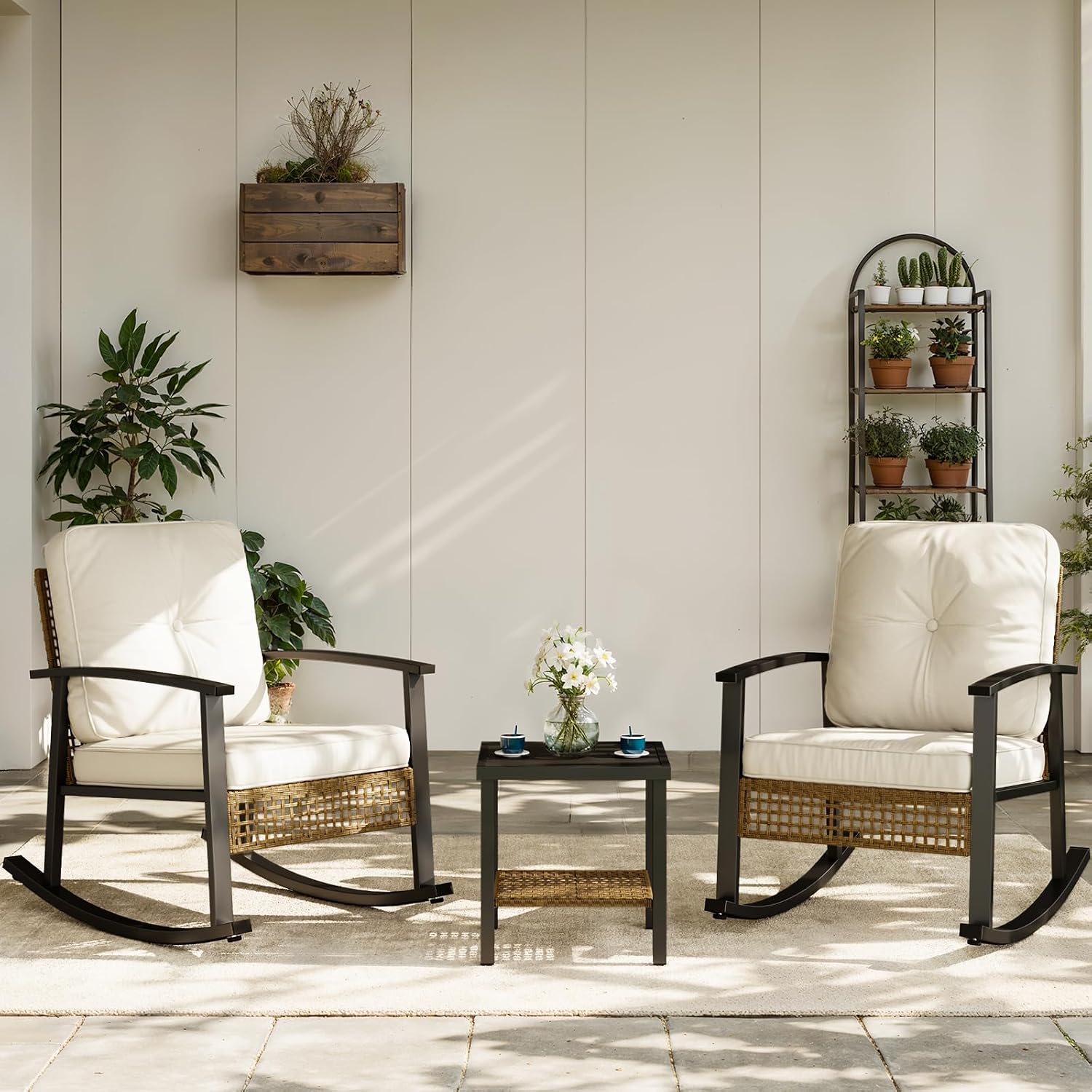 Aoxun 3 Piece Outdoor Rocking Chairs Bistro Set, Rattan Patio Furniture with Thick Cushions & 2-Tier Coffee Table, Patio Rocking Chairs Set of 2 for Garden, Porch, Balcony Beige