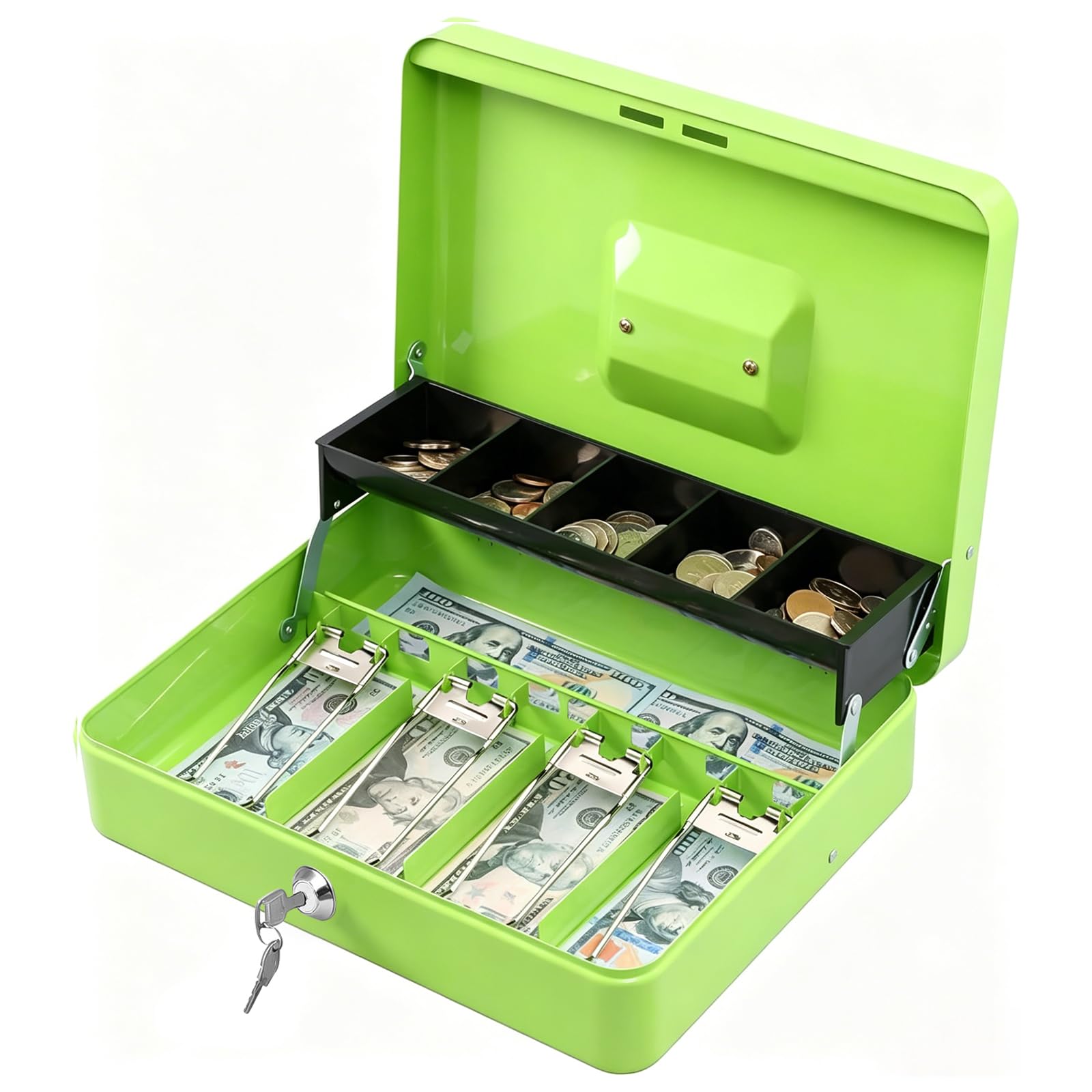 KYODOLED Locking Cash Box with Lock,Money Box with Cash Tray,Lock Safe Box with Key Money Saver,Money Saving Organizer,11.81Lx 9.45Wx 3.54H Inches,Limegreen XL Large