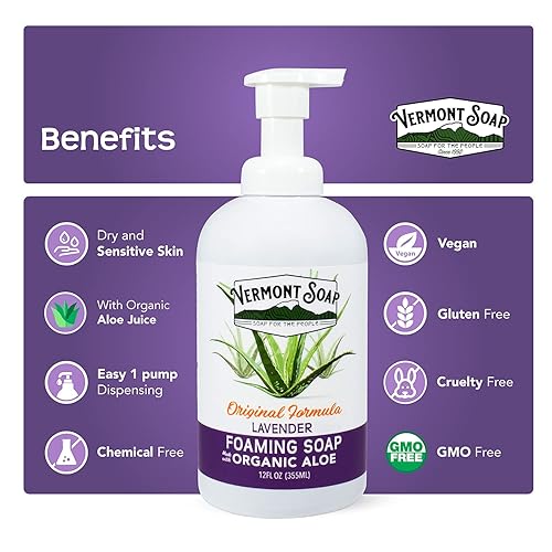 Miniatura 40 de VERMONT SOAP Jabón de manos espumoso de lavanda orgánica, jabón hidratante natural para piel seca, jabón líquido de manos de baño sin fragancia
