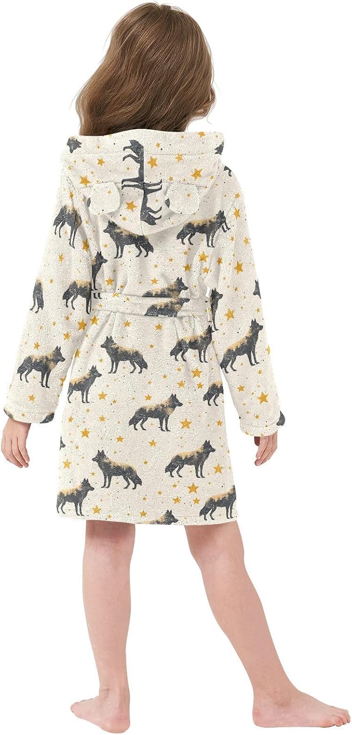 senya Wolf with Gloden Star Toddler Hooded Bathrobe Kids Soft Plush Bath Towel Robes for Boys Girls 2-12 Years