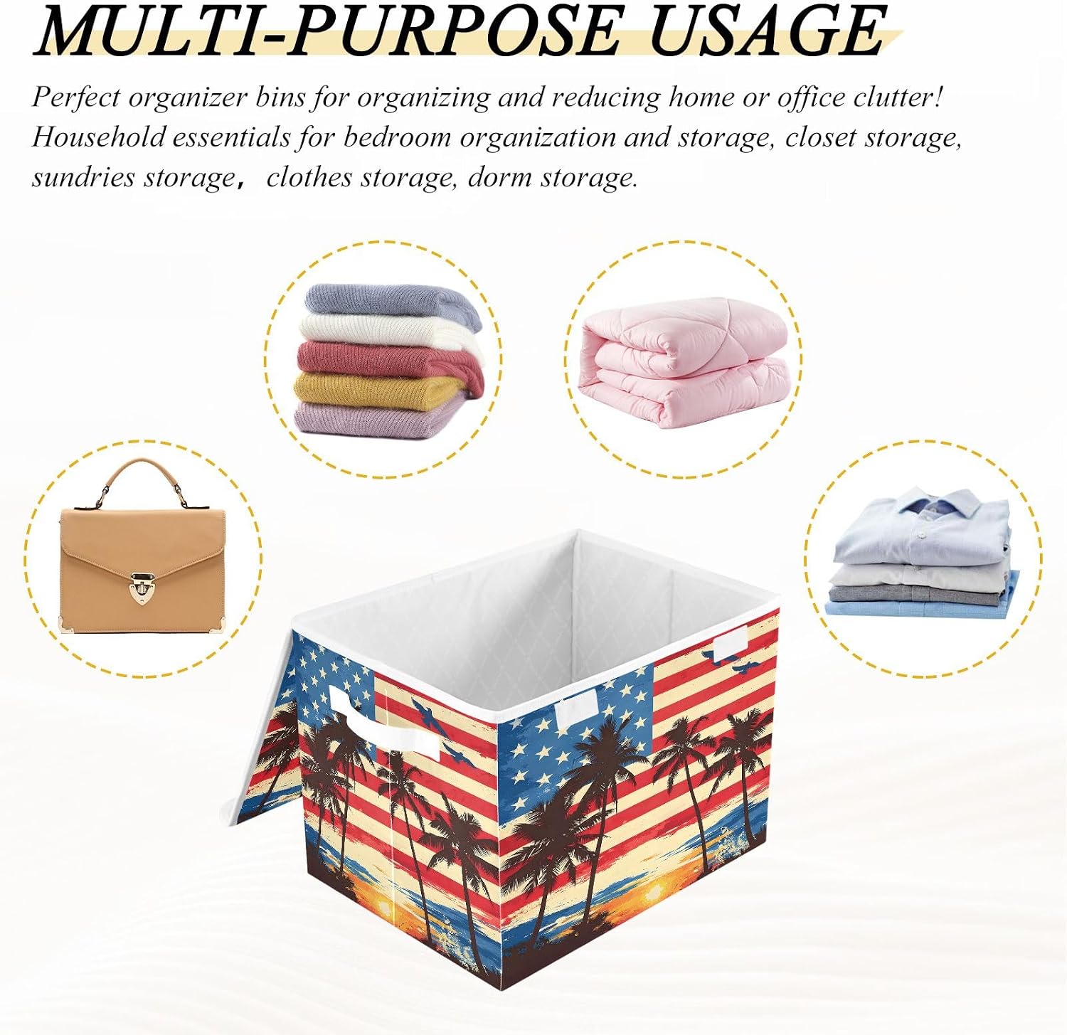 Bolaz American Flag Coconut Tree Storage Bins with Lids and Handles, Storage Box Basket with Cover Collapsible Organizer Containers for Home Closet, Shelves