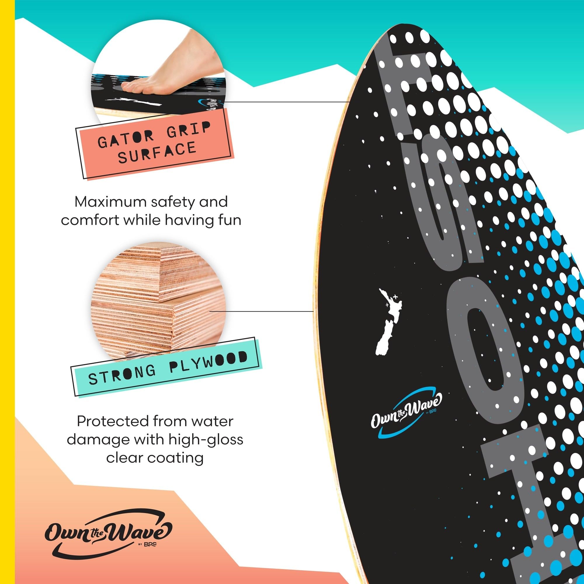 BPS Skimboard "Ghost" mit farbigem EVA-Griffpolster und hochglänzendem Klarlack aus Holz für Kinder und Erwachsene, erhältlich in 3 Größen (Own the Wave Collection)