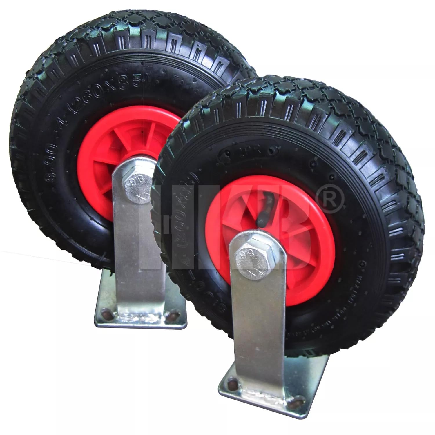 HKB 4 Sackkarrenräder Gummirad 3.00-4 ø=260mm Achsen-ø=20mm mit Halterungen | 2x kugelgelagerte Lenkrolle, 2x Bockrolle, Kunststofffelge mit Rollenlager, Tragkraft 136kg, Artikel-Nr. 20195