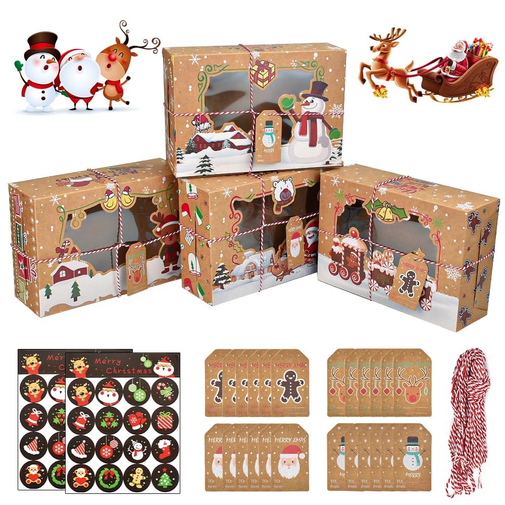 QINERSAW 24 Piezas Caja de Galletas Navideñas Cajas de Regalo Navideñas con Ventana Transparente Caja Navideña de Papel Kraft para Dulces, Chocolates, Magdalenas, Regalo (22 cm * 15 cm * 7 cm)