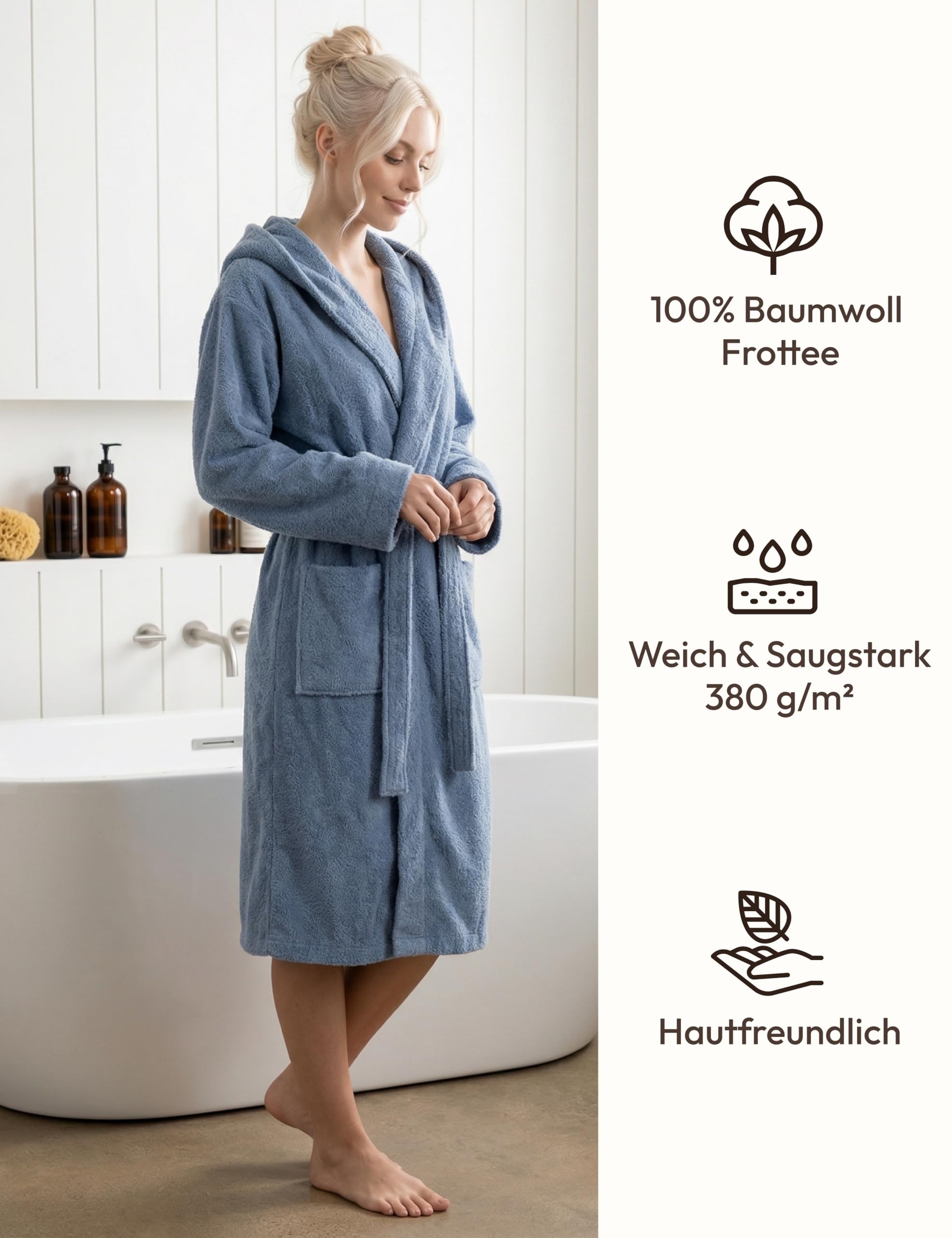 Albornoz Mujer Largo Medio con Capucha – 100% Algodón Rizo 380 g/m² – Bata de Baño, Spa y Casa, Largo hasta la Pantorrilla, Suave, Absorbente, Tallas S–XXL