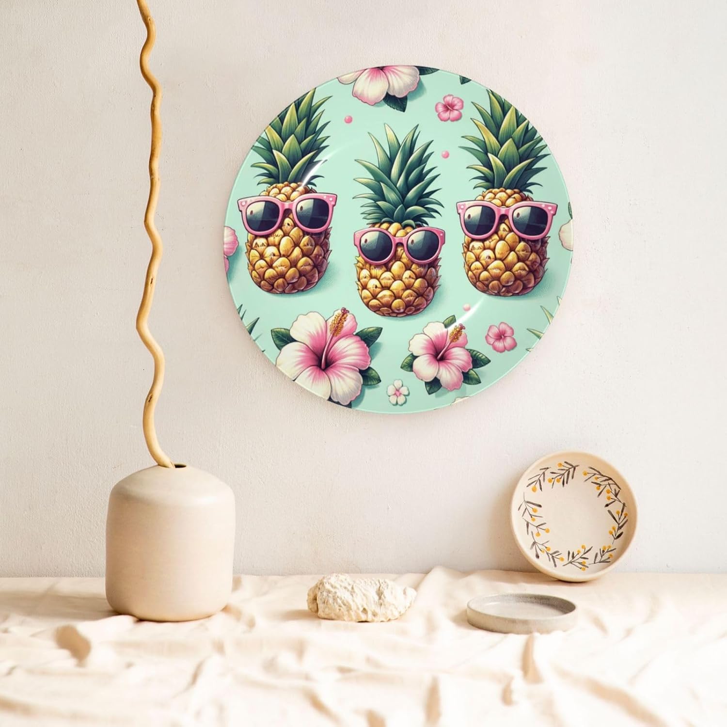 Pineapple-With-Glasses-Floral 10 Inch Decorative Plate With Stand, Elegant Display Wall Plate For Home Decor