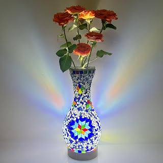 JAITAIK Handmade Turkish Moroccan Mosaic Vase Table Lamp - USB Glass Flower Vase Night Light with Oak Wood Base for Bedroom Living Room