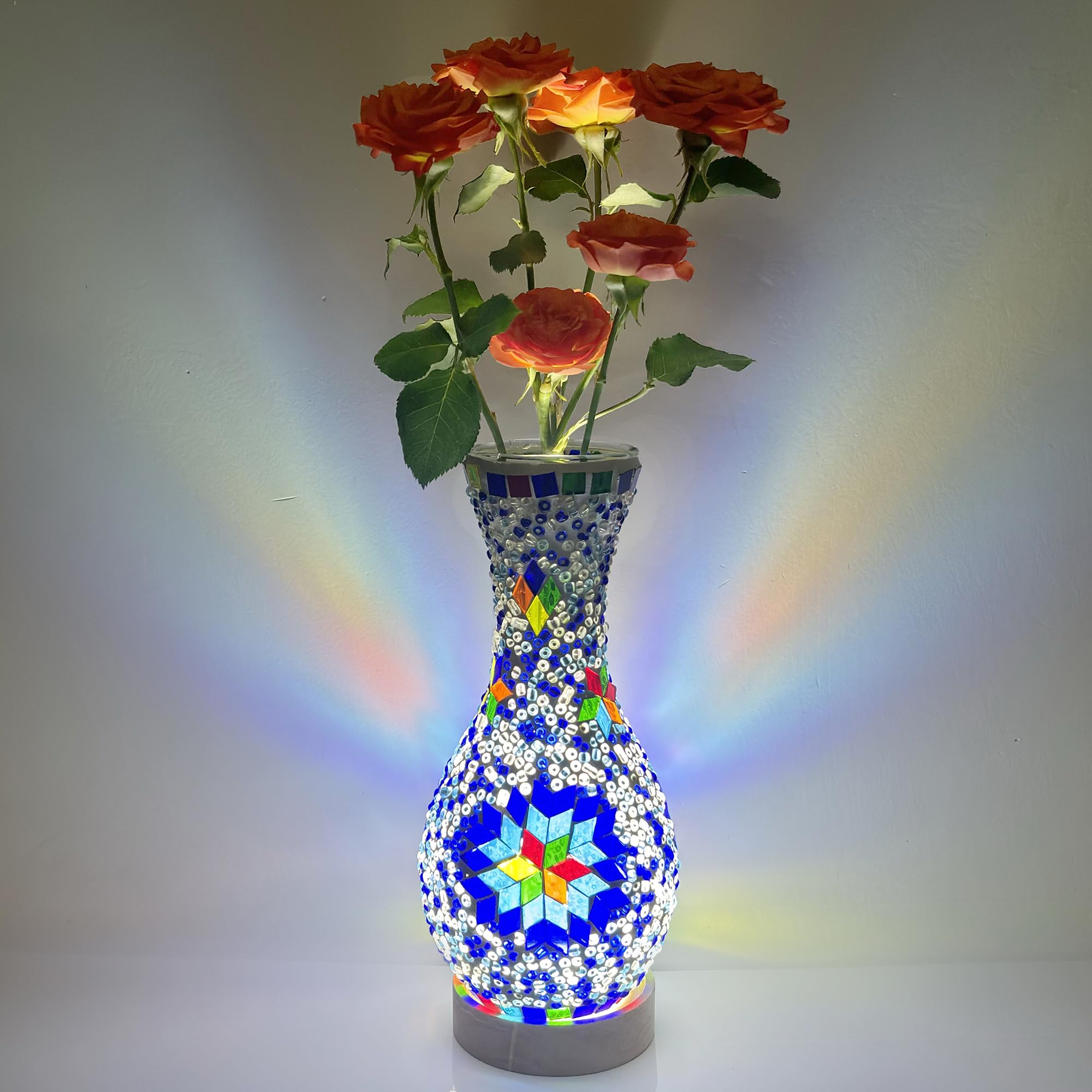 JAITAIK Turkish Moroccan Table Lamp Mosaic Vase Lamp Handmade Glass Vase with Wood Base Decorative Bedside Lighting for Bedroom, Living Room,
