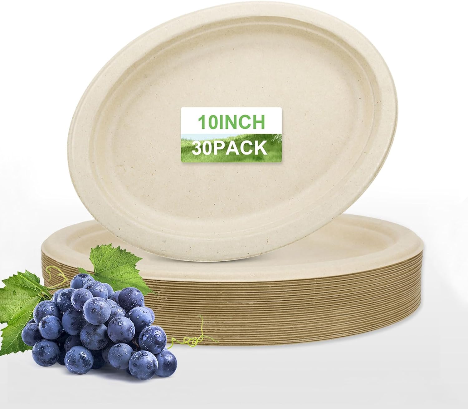 30 Pack 12" Oval Compostable Plates Heavy Duty Bagasse Fiber Disposable Dinnerware Microwave & Freezer Safe Eco-Friendly, Leakproof for BBQ, Party, Catering (White)